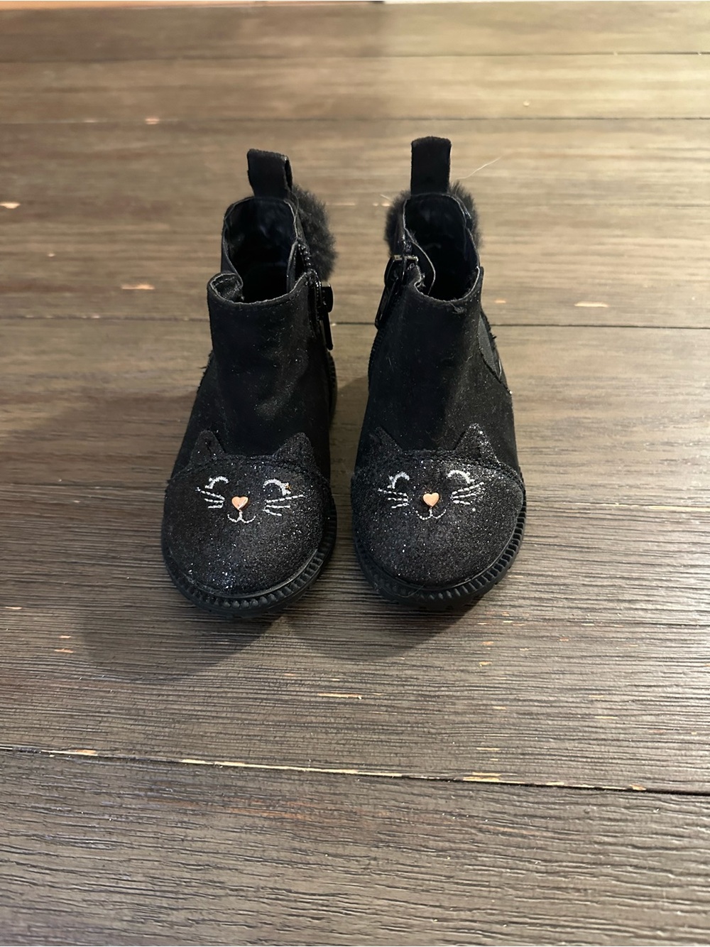 Sz 4 Toddler Black Cat Face Glitter Ankle Boots